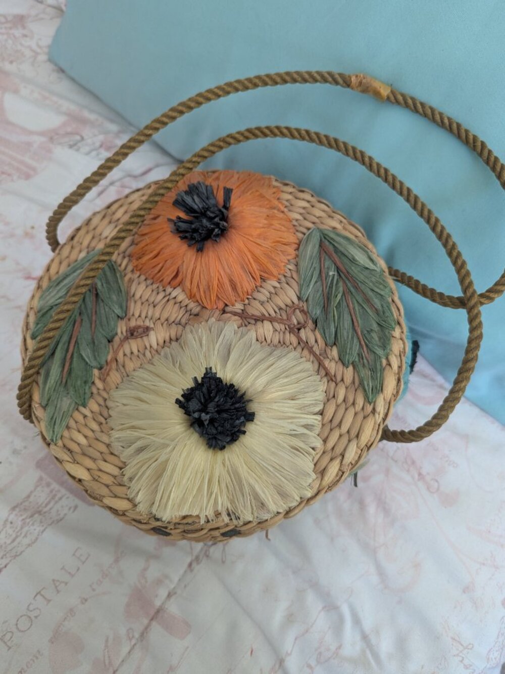 Vintage Floral Wicker And Straw Purse By Ponces Creations Philippines, 50's-60's - Picture 3 of 15